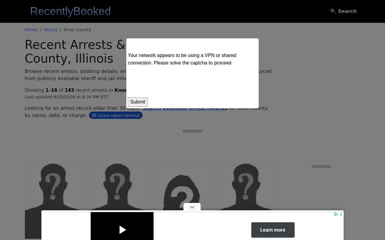 RecentlyBooked Knox County unofficial page screenshot