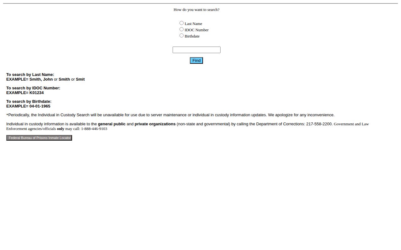 Illinois Department of Corrections offender search fields screenshot